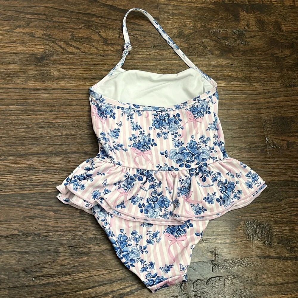Monnalisa Pink & Blue Floral One-Piece Swimsuit - 36 Months